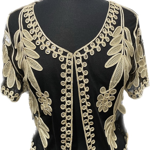 Simply Couture Elbow Sleeve Sheer Crochet Accent Soutache Sequin Tunic - Picture 2 of 6